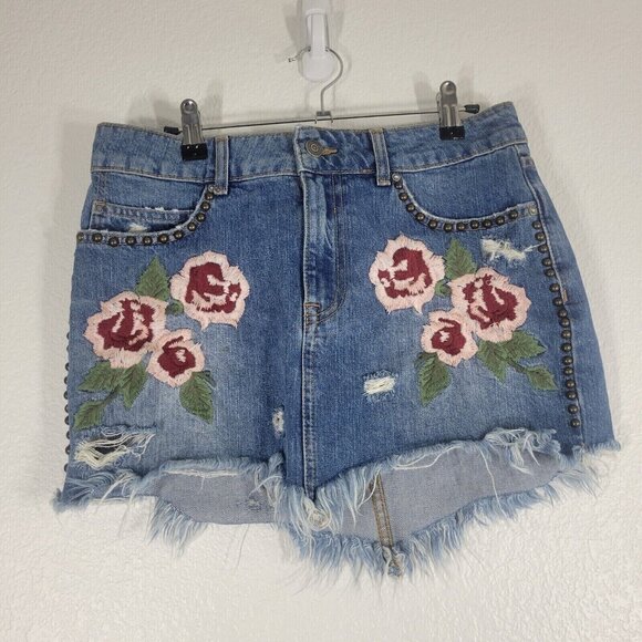 Free People Dresses & Skirts - Free People Denim Mini Skirt Size 27 Floral Embroidered Distressed Boho Festival